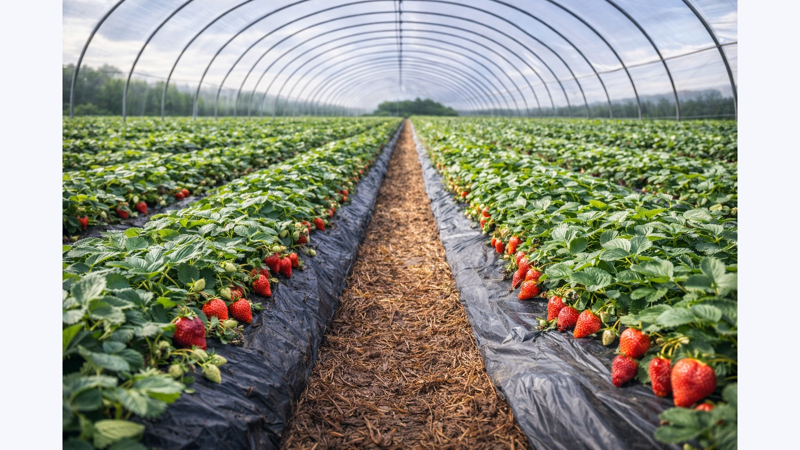 Çilek serasında tünel sera içinde çilek fideleri
